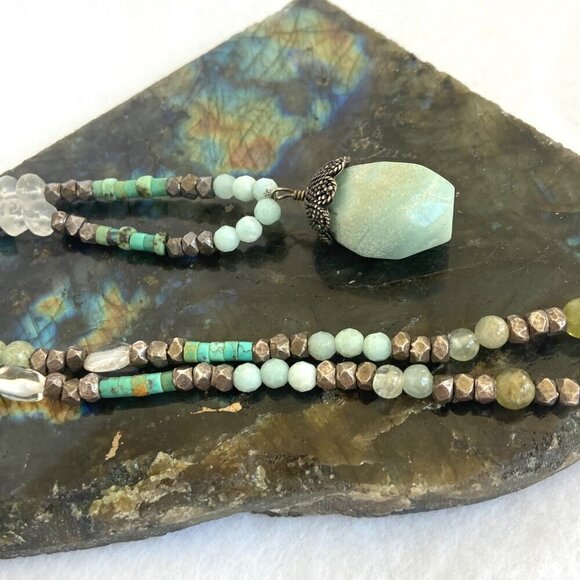 Sterling Silver 925 Turquoise Quartz Green Calcite Beaded Pendant Necklace 18" - Picture 8 of 16